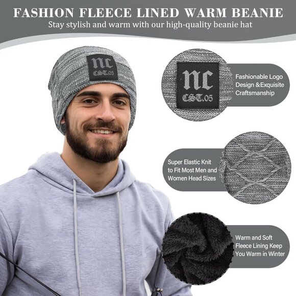 🆕 Men Grey Fleece Lined Winter Cap Beanie Scarf Set Knit Neck Warmer Nice Hat - Picture 2 of 5